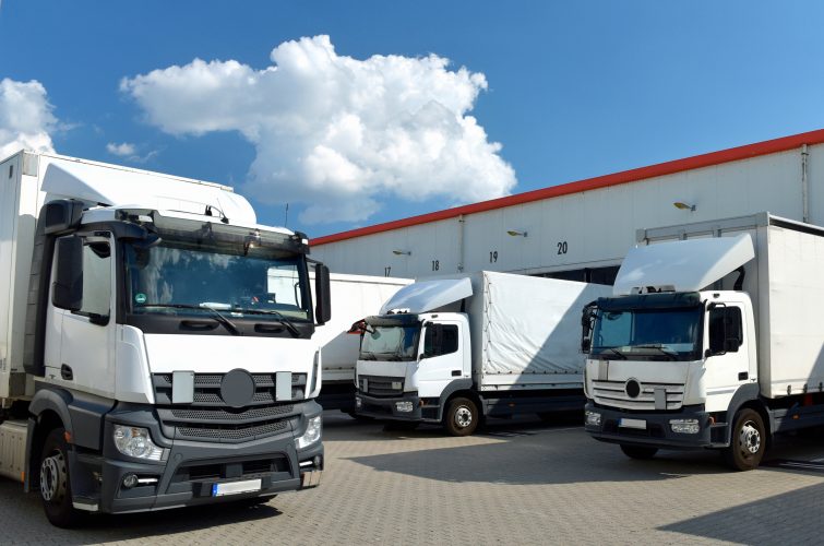 Camiones de transporte en su almacén